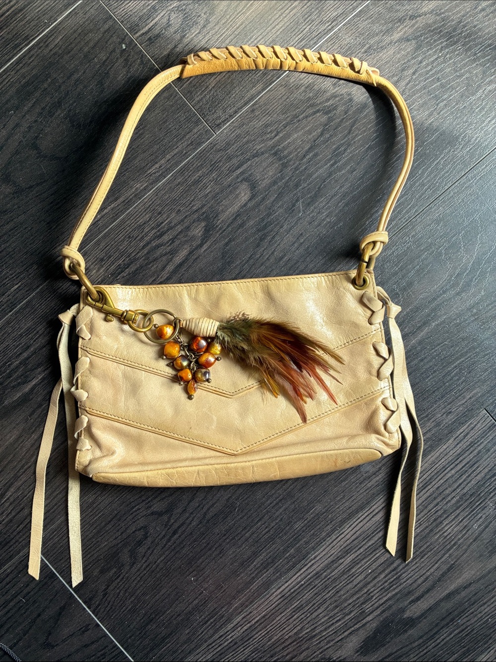 Via Spiga Beige Shoulder Bag with Feather Charm